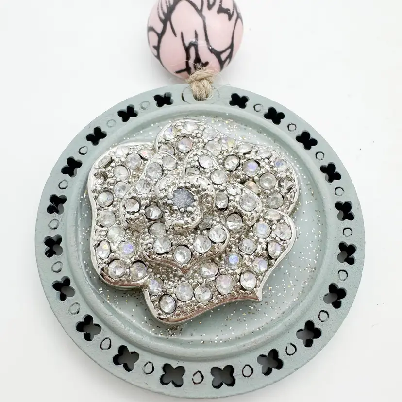 Crystal Rose Silver Tone Pink Accent Handmade Bauble Ornament Repurposed Jewelry