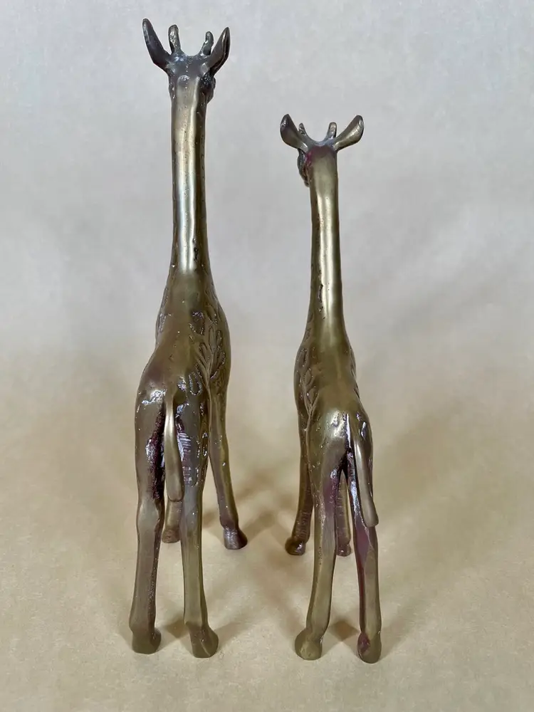 Solid Heavy Brass Spotted Giraffes Animal with Tails Patina African Safari Table Shelf Decor