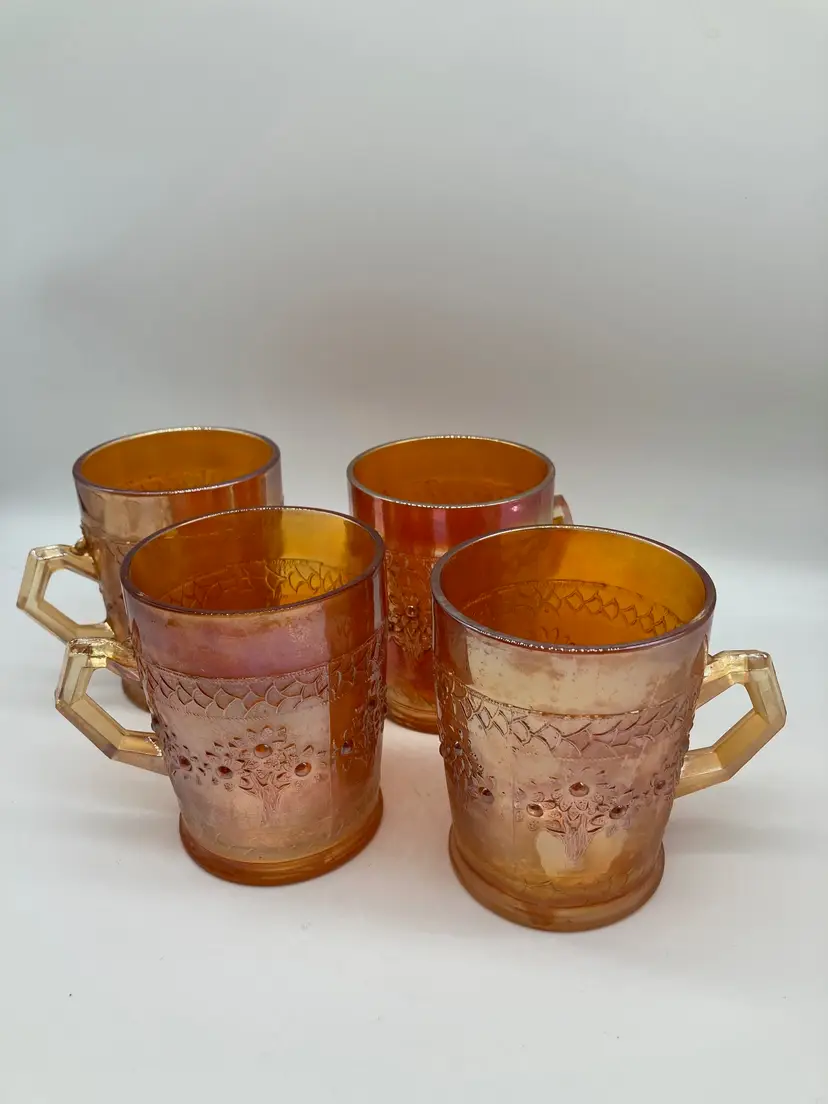 Antique Marigold Carnival Glass Fenton Orange Tree Hex Handled Mug Cup Vintage