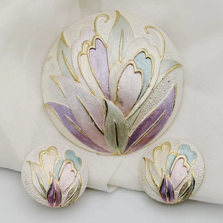 Park Lane Enamel Purple Pink Domed Round Gold Tone Clip On Earrings Brooch Vtg