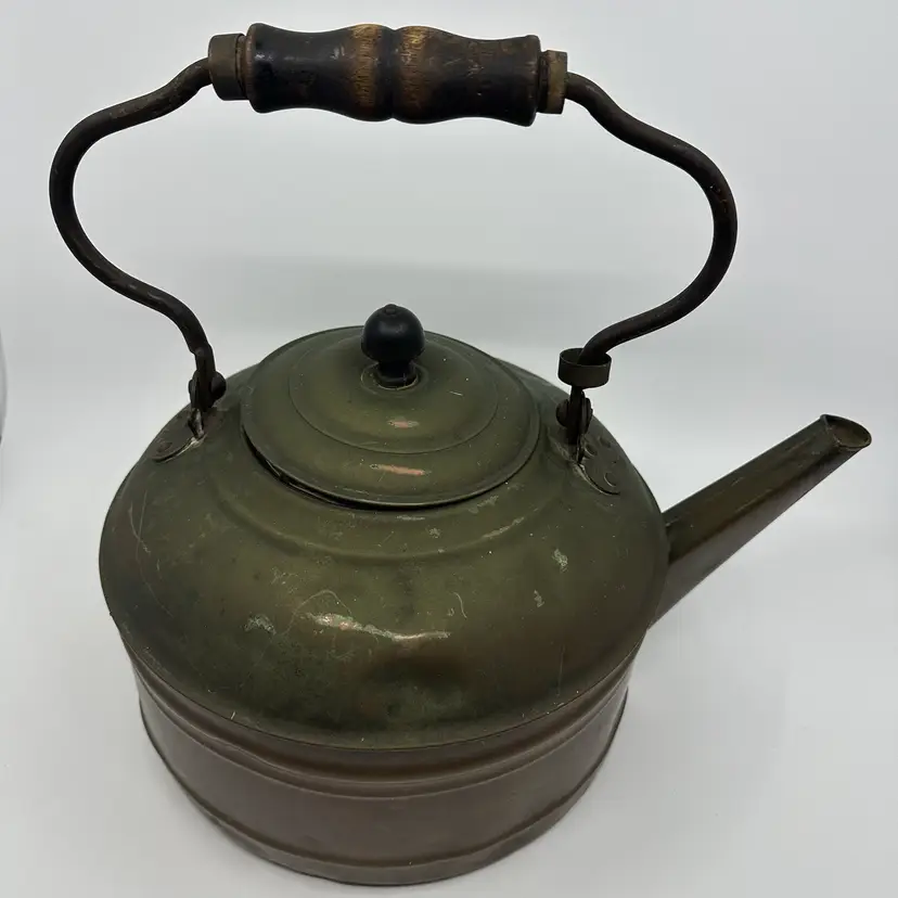 Large Brass Copper Kettle With Wooden Handle