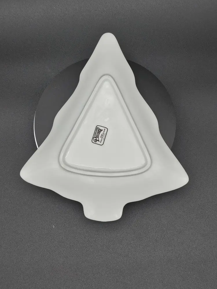 Vtg Ceramic Christmas Tree Trinket Dish Red Ribbon Holly Gold Trim Mount Clemens