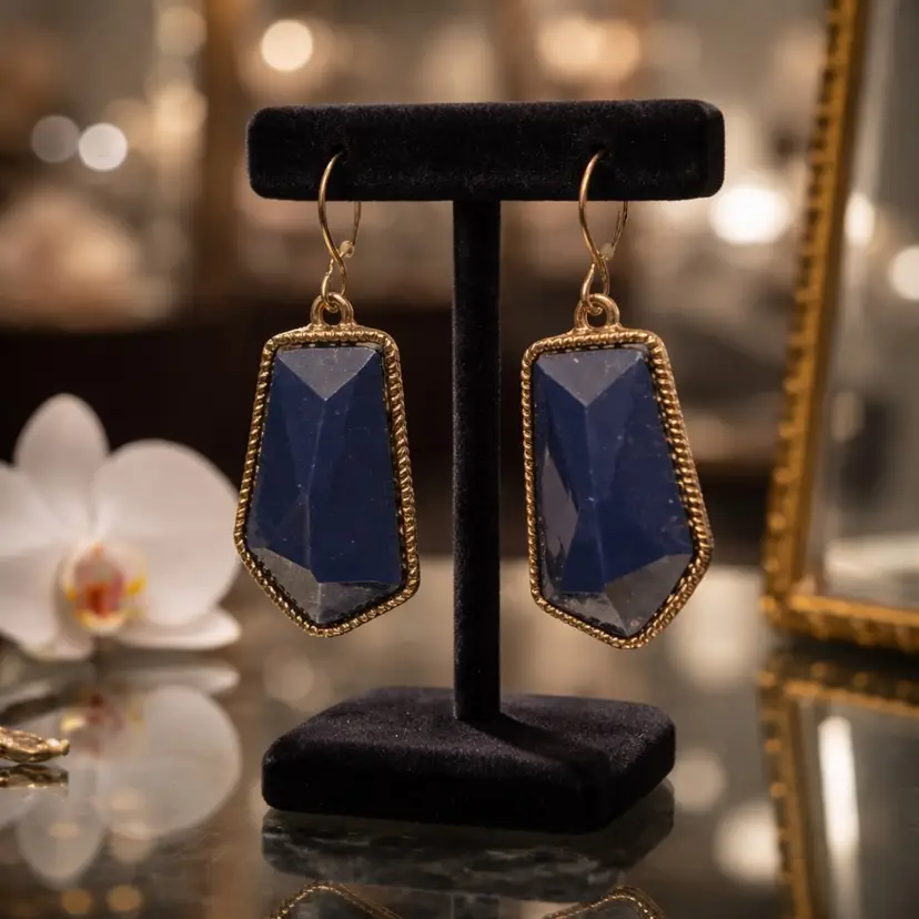 Deep Navy Blue Faceted Stone Set in Metal Frame Dangle Earrings, 1"