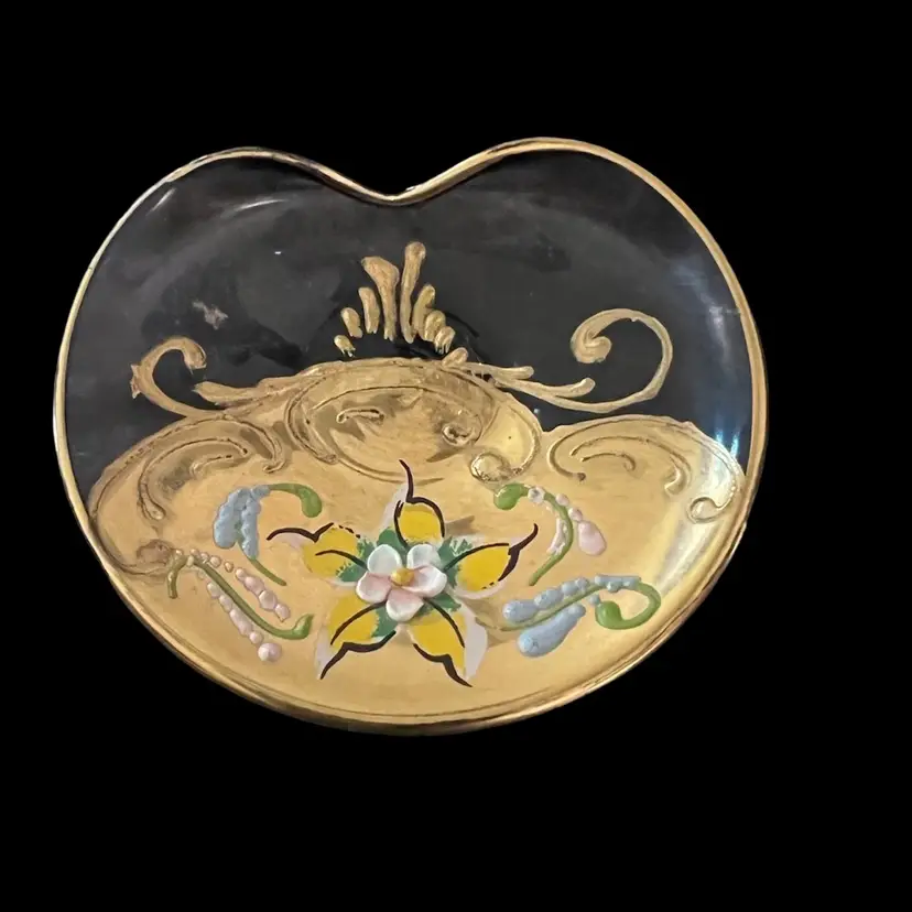 Purple plum Art Glass Gold Overlay Murano Hand Painted Floral Moriage Dish bowl 3”.x3.5”x.5”