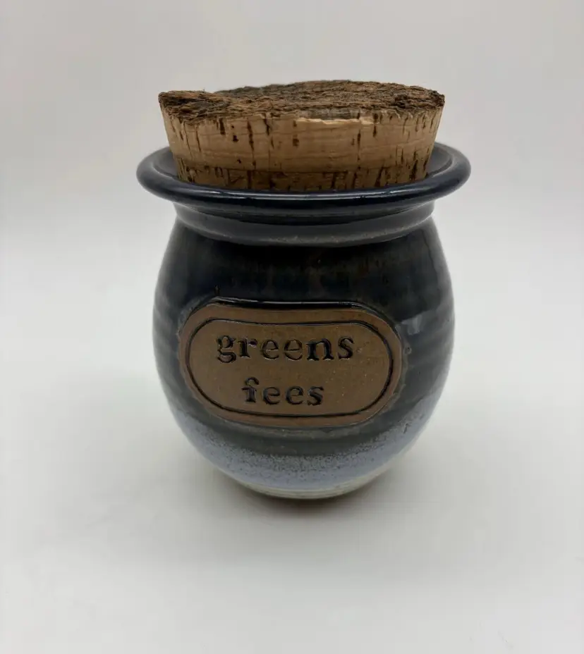 Vintage Pottery Jar “Green Fees” Cork Top Coin Bank Ceramic Glaze Blue & White