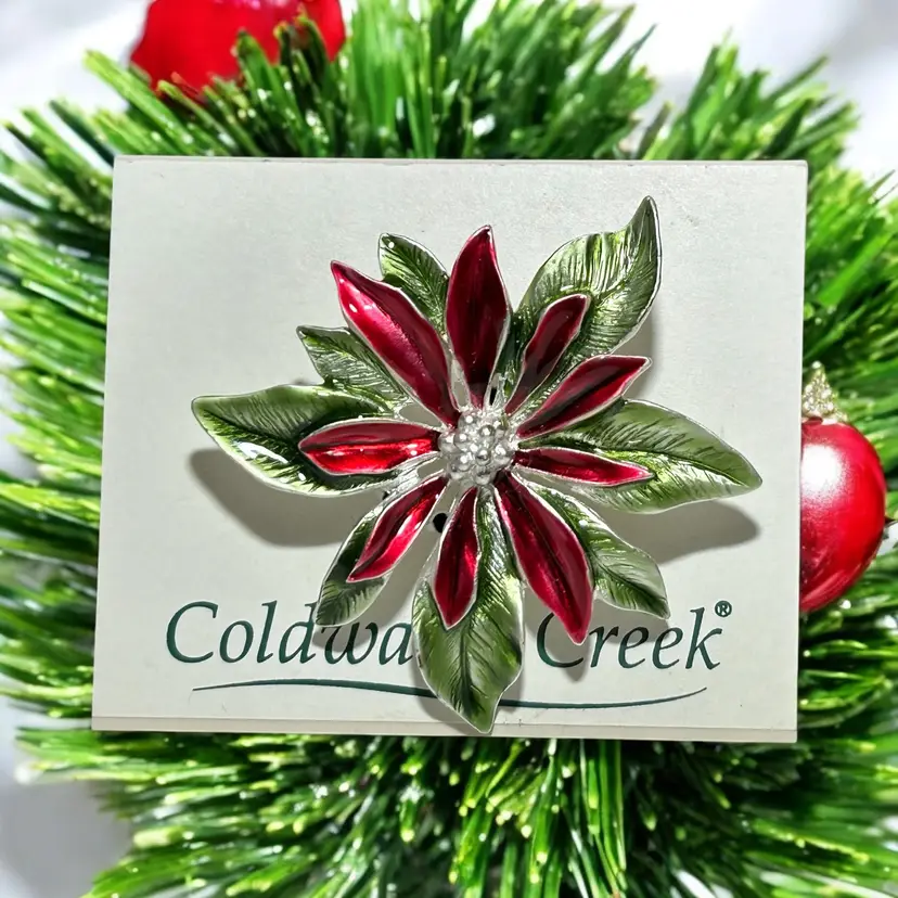 Cold Water Creek Poinsettia Winter Christmas Enamel Pin Brooch New