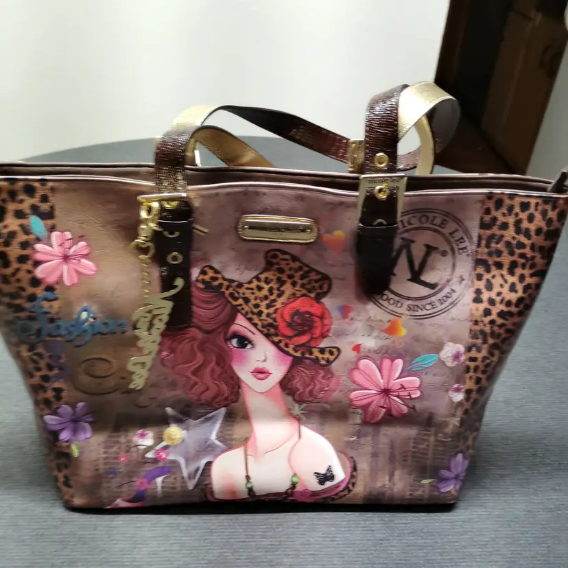 Nicole Lee Designer Tote Bag Brown Leopard Print Woman Face Fashion City Bag