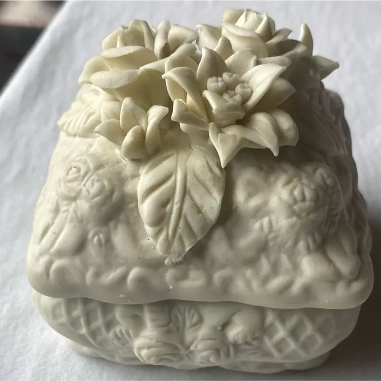 Vintage Ivory Ceramic Bisque Floral Lidded Trinket Box 3.5”