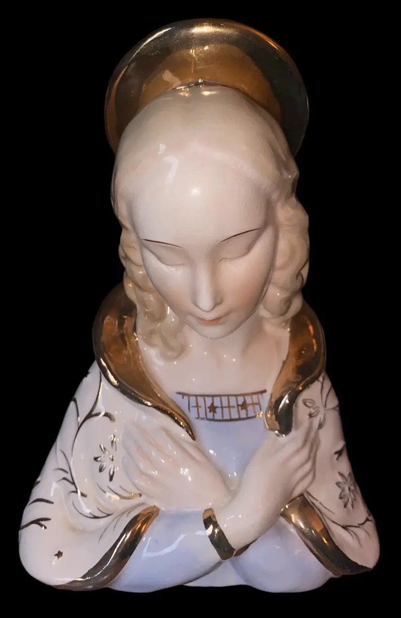 Madonna Virgin Mary Bust Figurine Statuette Religious White Gold Trim Vintage