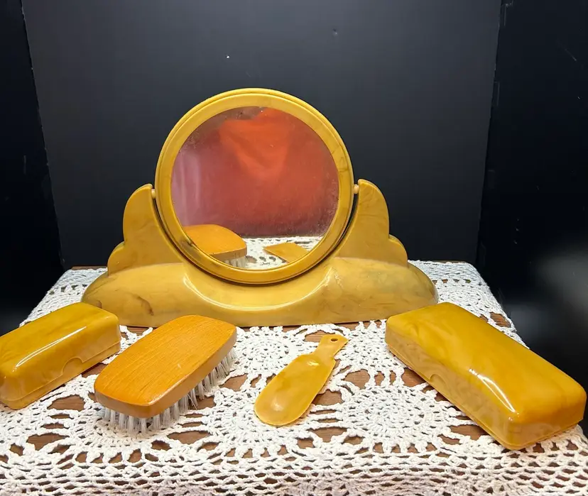5 Piece 1920’s Celluloid Vanity Mirror With 2 Soap Containers, Brush, And Shoe Horn