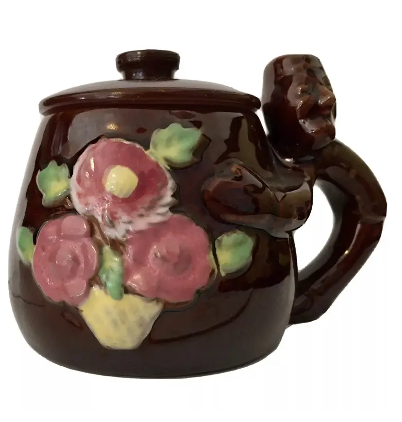 Vintage Mug Cup Japan Redware Hand Painted Flowers Man-shaped Handle W/ Lid 