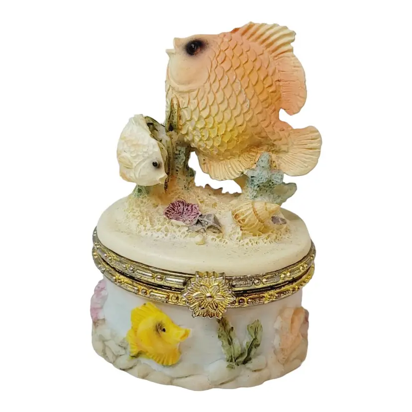 Vintage Small Beach Seashore Nautical Fish Trinket Ring Box 3" tall