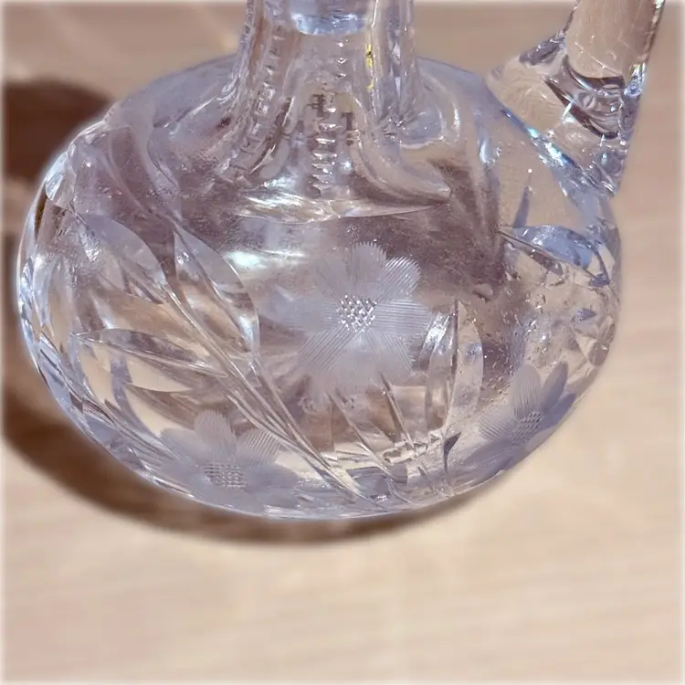 Vintage Cut Clear Crystal Floral Etched Cruet With Faceted Stopper