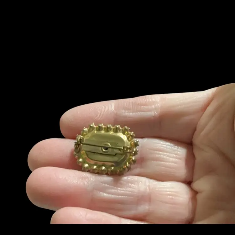 Vintage Small Blue Guilloche Brooch. Enamel Pink Rose With Clear Micro Glass Crystals.