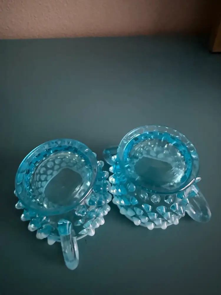 Vintage Fenton Blue Opalescent Hobnail Creamer & Sugar Set, Art Glass Mid Century 2” tall mini