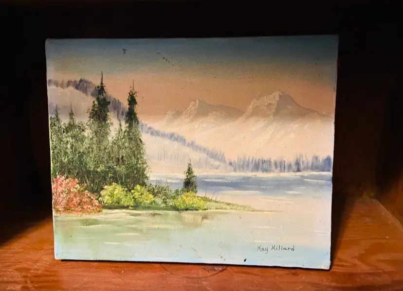 Original Small Oil Painting of a Mountain Landscape Signed Rustic CottageCore Cabin
