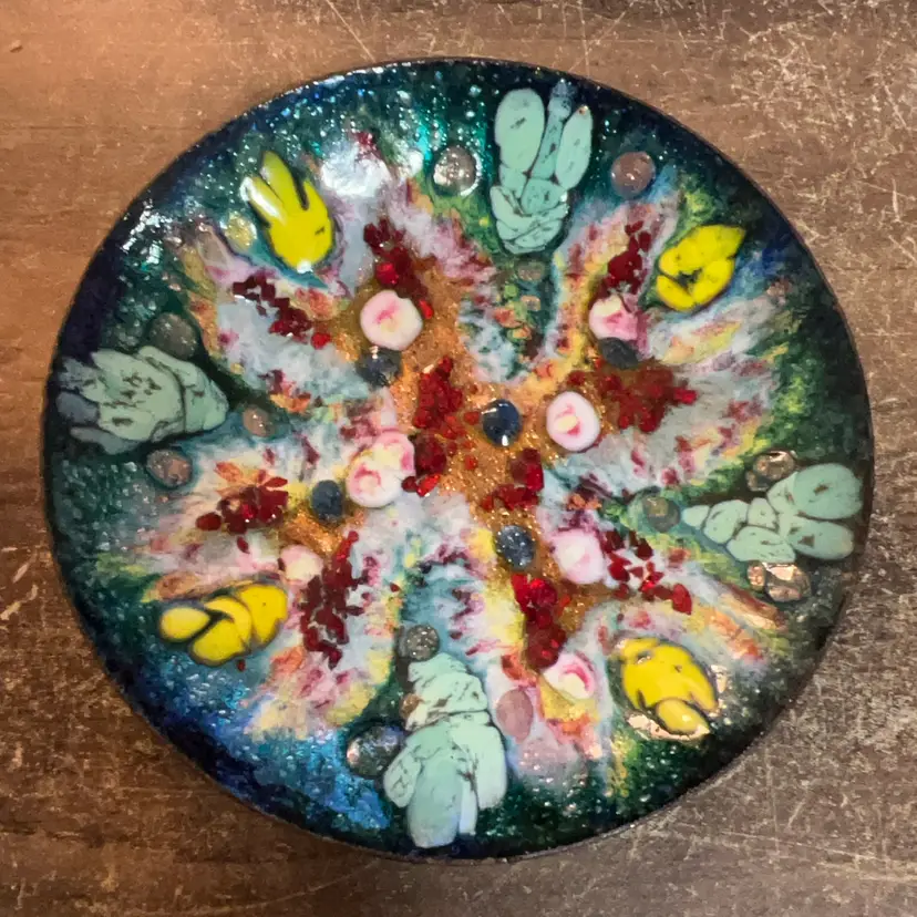 Vintage Art Enamel Copper Plate Multicolor 7”