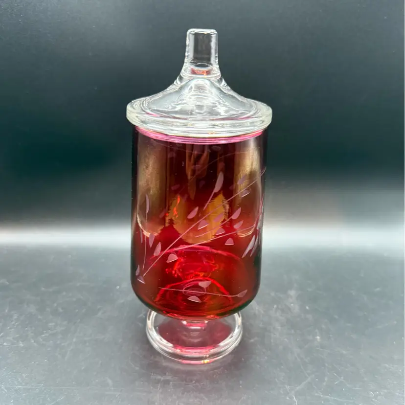 Vintage Cranberry Etched Glass Lidded Jar With Pedestal Base