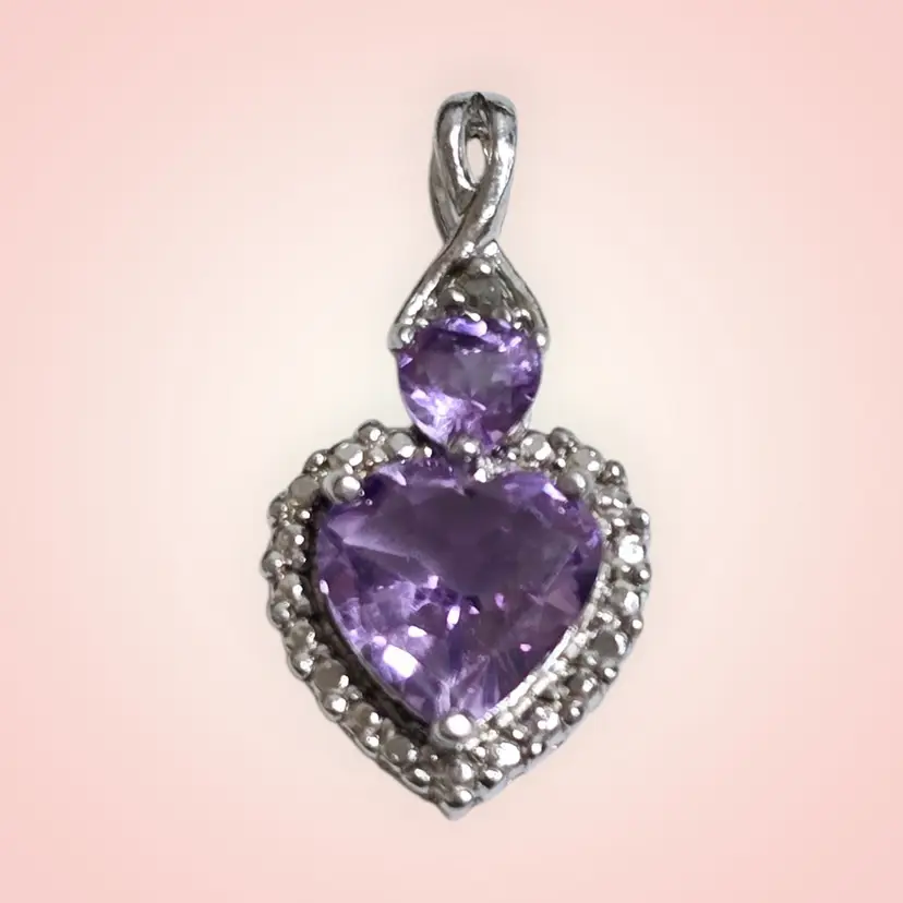 NWOT Sterling Silver 925 Amethyst Heart Pendant With Diamond Accent
