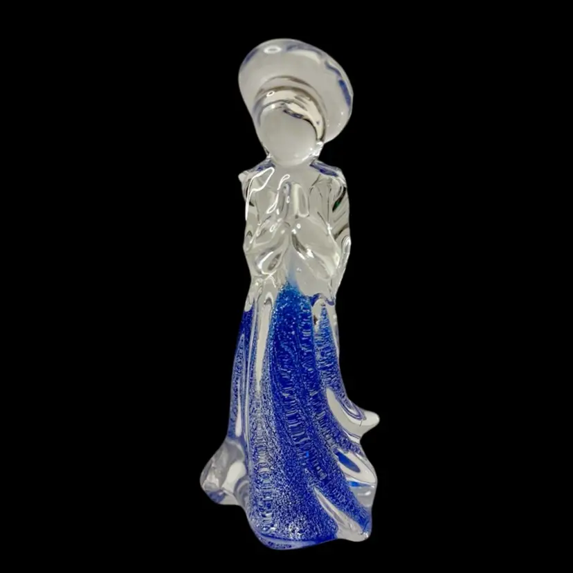 Paperweight/Figurine Large Praying Art Glass Angel Cobalt Blue/Clear/Silver Flecks
7-1/2” T x 2-3/4” W x 2” W (base)