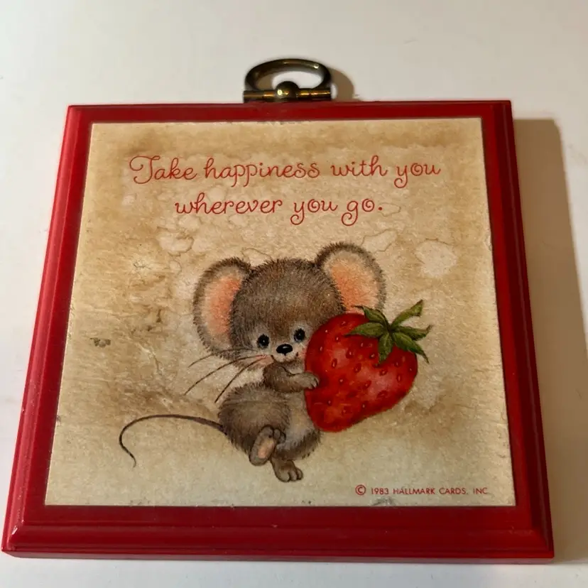1983 Hallmark Mouse Mini Plaque "Take happiness with you wherever you go." 4” X3.5”