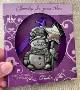 Gloria Duchin FEBRUARY Birthstone Snowman Ornament Jewelry Christmas Tree USA