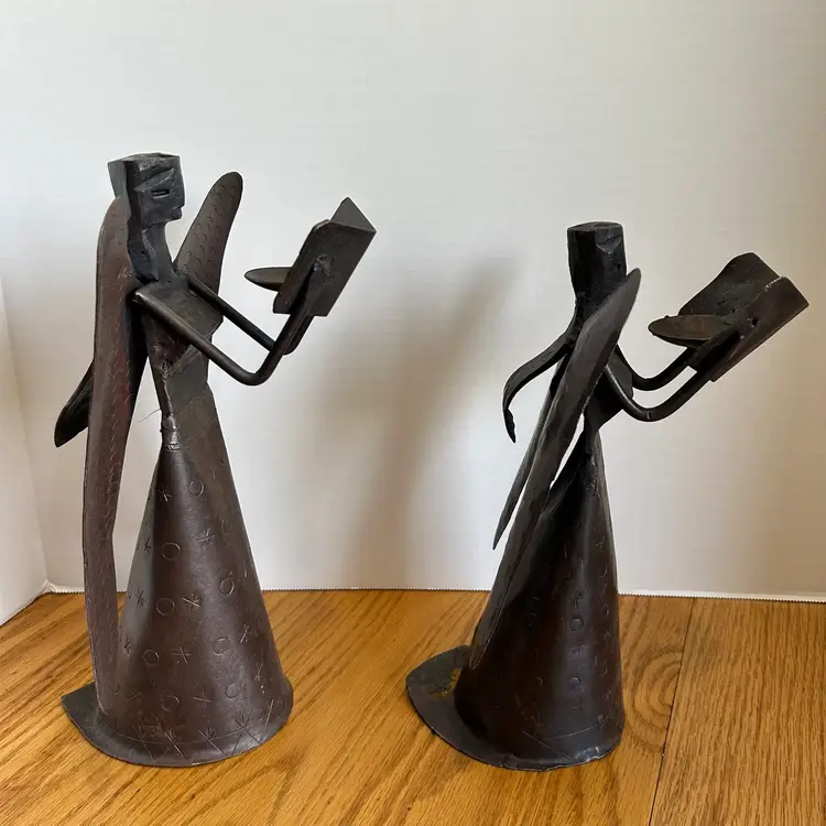 Tramp Art Style Handmade Iron Angels  Candle Holders  Caroling 11” & 12” Vintage
