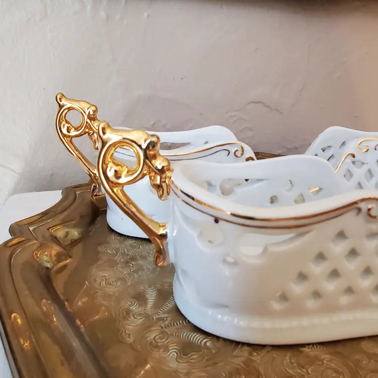 Set of 2 Utensil Holders White Lattice with Gold Trim Porcelain Treasures Flatware Silverware