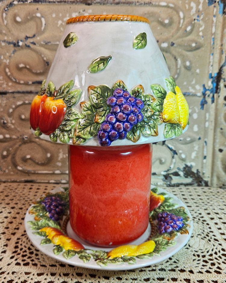 Salt City Candle Topper Shade & Matching Plate Embossed Fruit Colorful 8" (read)