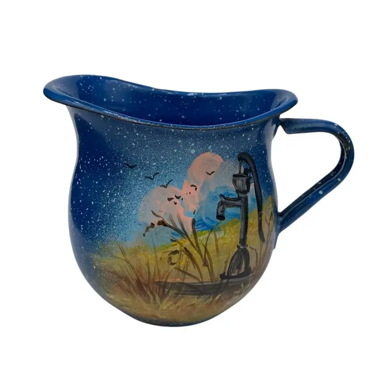 Vintage Hand-painted Enamelware Pitcher, Cottage Farmhouse, Water Pump, Signed