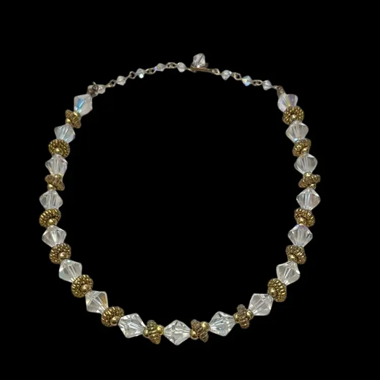 Mid Century Aurora Borealis Faceted Crystal and Golden Bead Choker Necklace-16”
