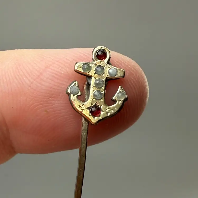 Antique Victorian Gold Filled Stick Pin Late 1800s Anchor Nautical Red White Cab