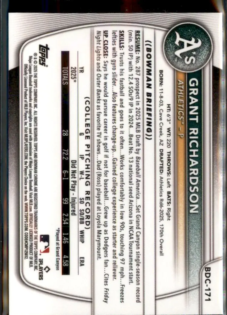 2025 Bowman Draft #BDC-171 Grant Richardson Chrome - (138) - Athletics