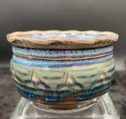 Studio Pottery Ikebana Mini-Vase w/Flower Frog, Signed, Blues/Green/Browns Glaze