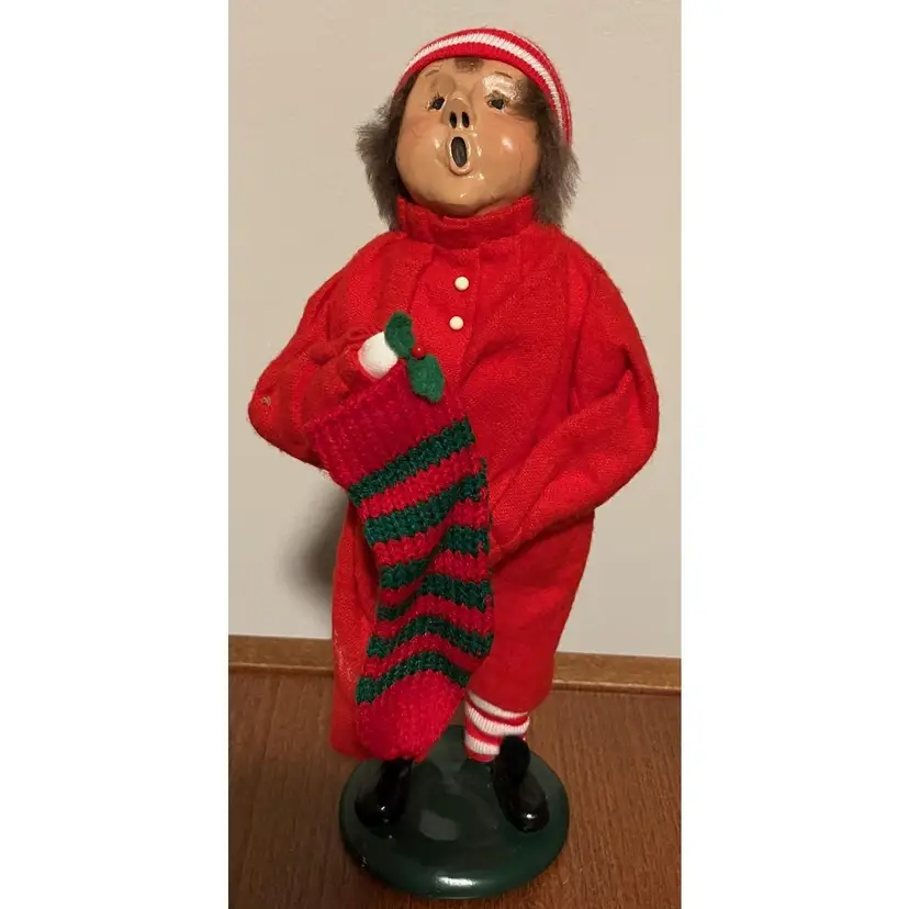 Byers' Choice Carolers 1989 Boy with Red Outfit and Christmas stocking 9" tall