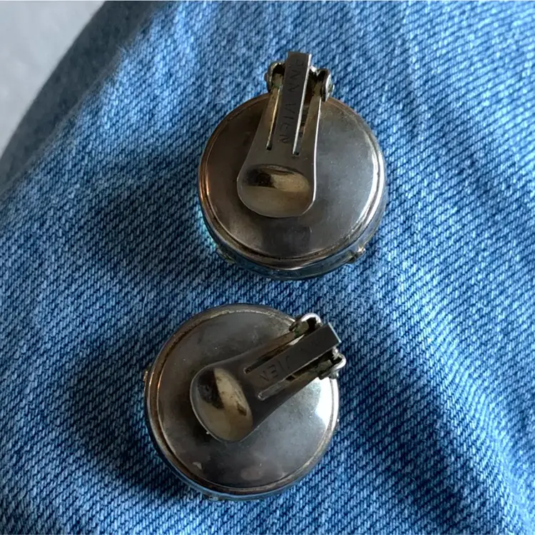 Silver Tone Circle Watermelon Rhinestones Clip On Earrings 1” x1”