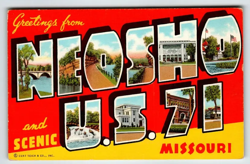 Greetings From  Neosho US 71 Missouri Large Big Letter Postcard Linen Curt Teich