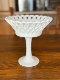 Vintage Milk Glass Lace Edge Compote Pedestal Bowl – 9” Tall – White Reticulated Rim Centerpiece