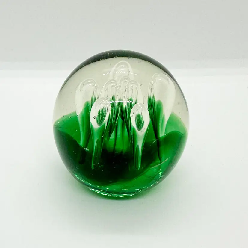 Art Glass Paperweight Green Controlled Bubble Sphere Water Plants