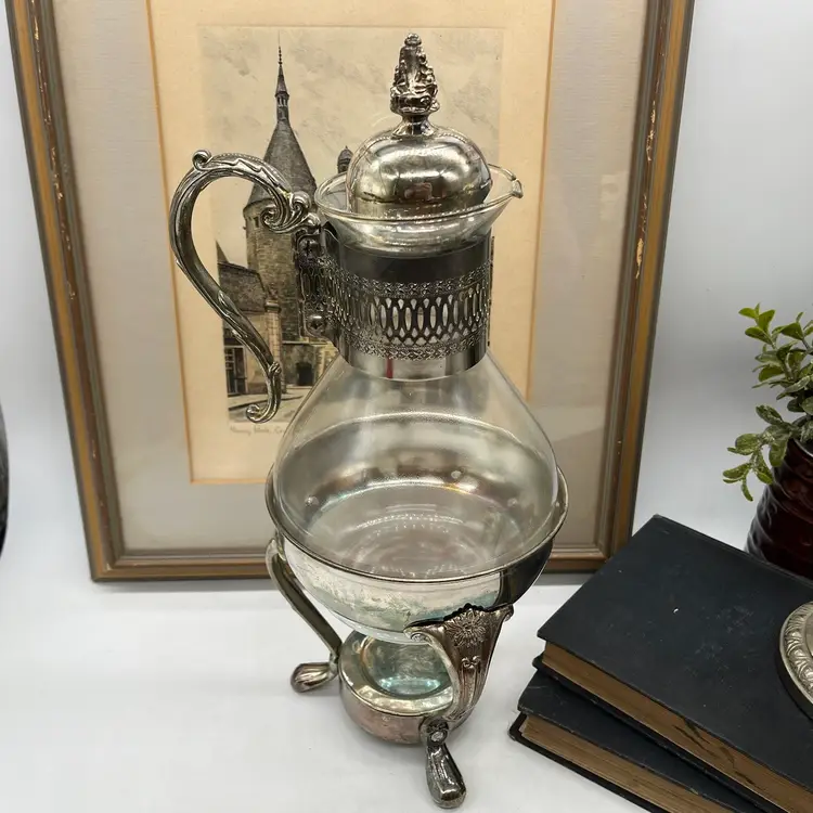Vintage Silver Plate & Glass Coffee / Tea Carafe Pitcher With Warmer Stand & Lid