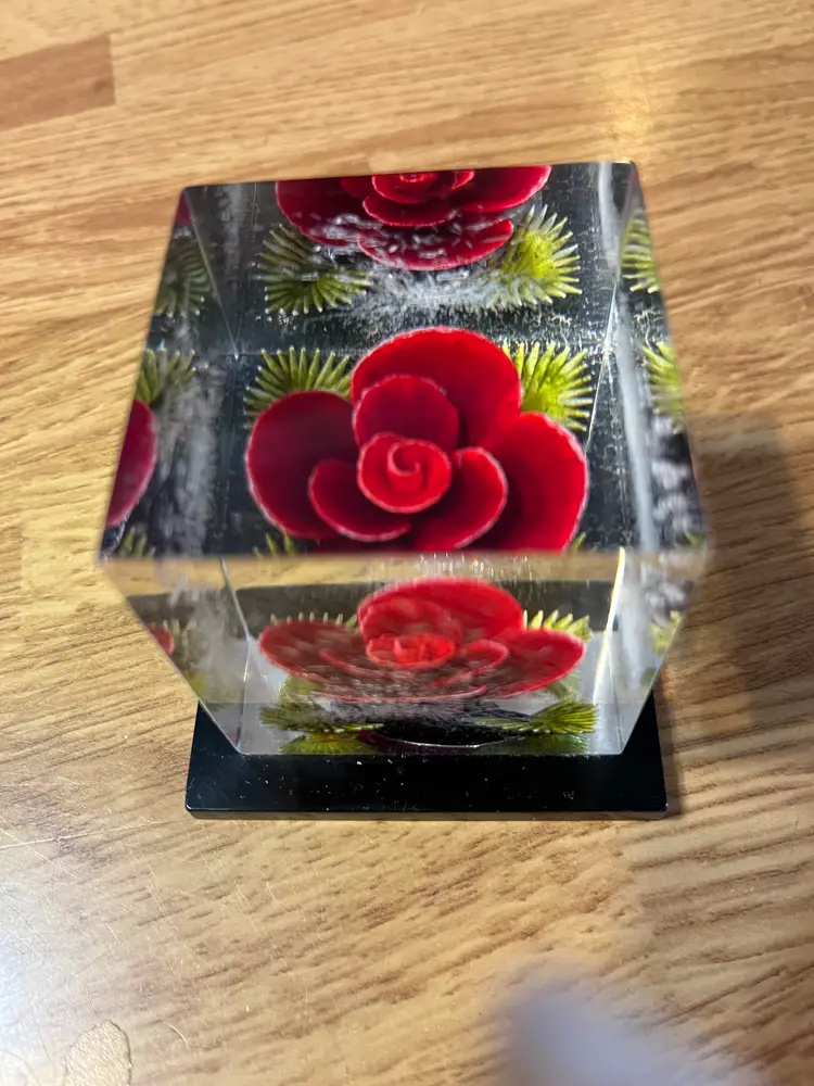 Red rose lucite acrylic cube paperweight