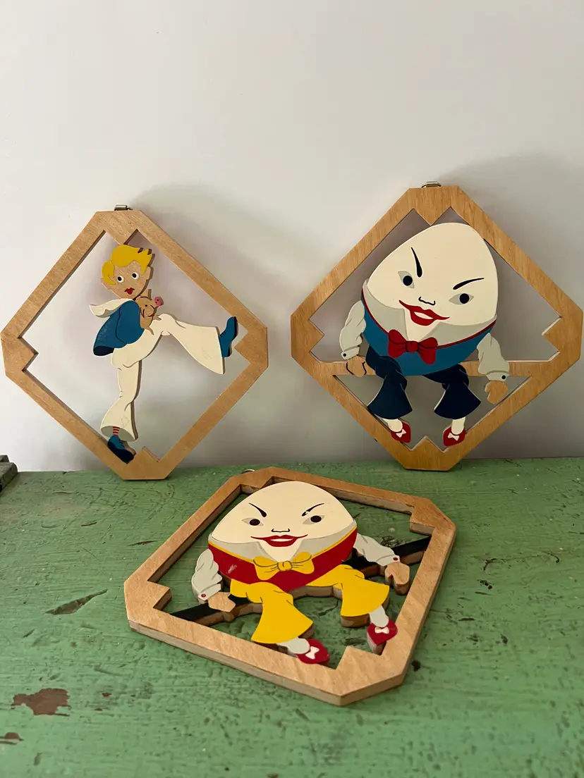 Vtg Nursery Rhyme Humpty Dumpty, Little Boy Blue 1950s Nursery Rhyme Wall Hanging Decor. Retro Wooden Cutouts. CIANI NYC