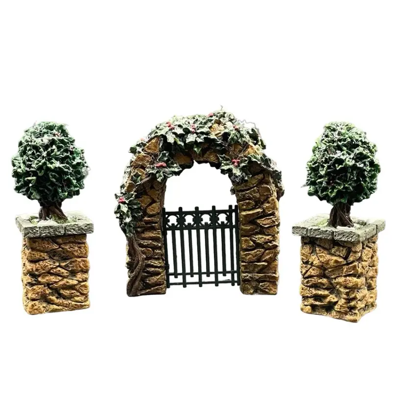 Dept 56 #52648 Village Accessories Stone Corner Posts Holly Trees Stone Archway