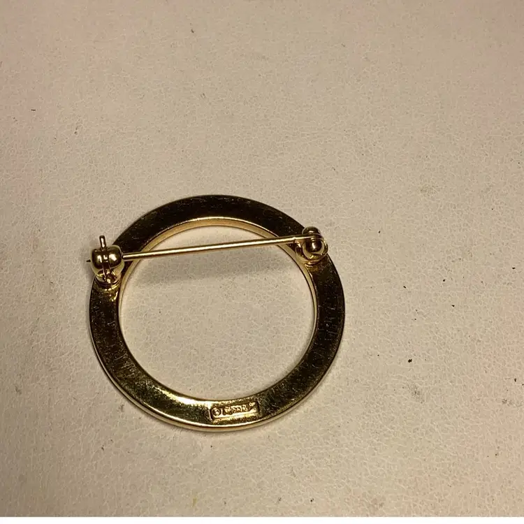 Red & Clear Rhinestones On Goldtone Circle Brooch 1” - Signed M