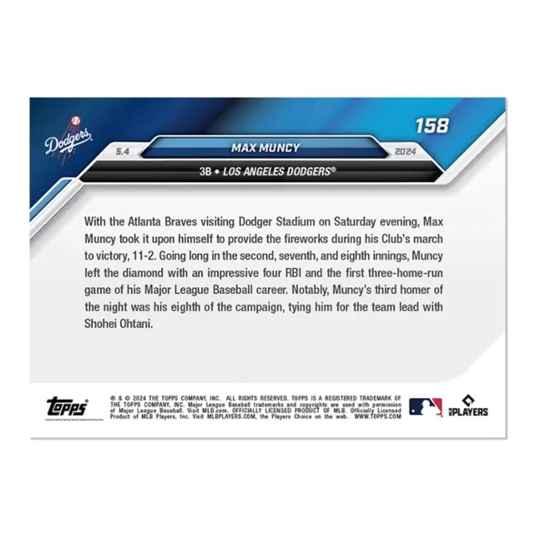 2024 ToppsNOW #158 Max Muncy 1st Career 3-HR Game Highlights Win Over Braves