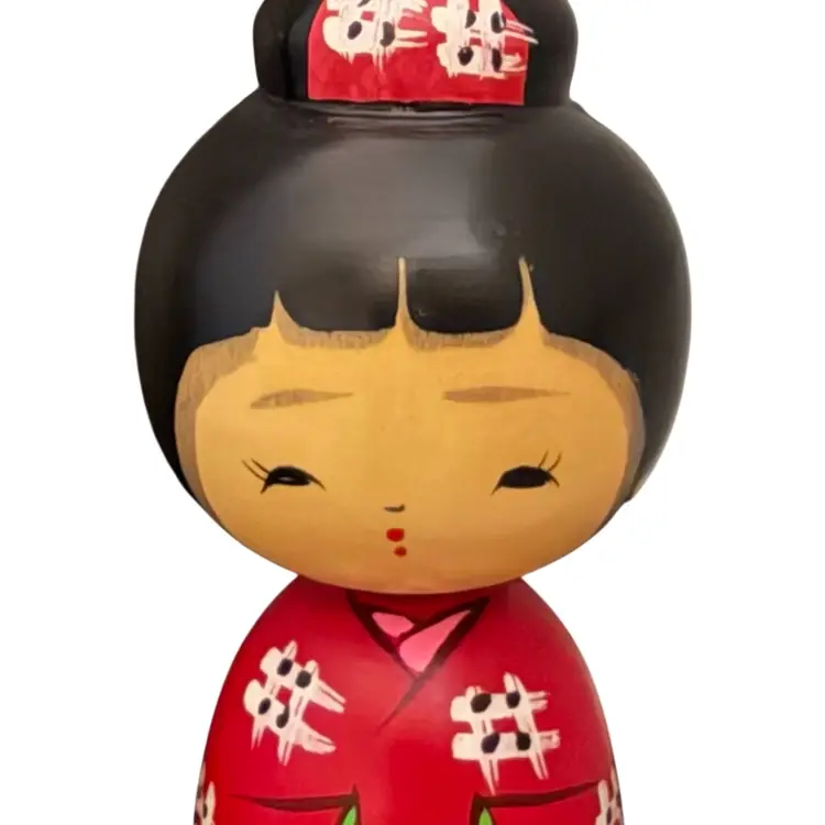 Creative Kokeshi Doll, Vintage Japanese Creative doll "Kasuri" by Hosaka Torao Red Kimono
7-1/4” T x 2-1/2 W