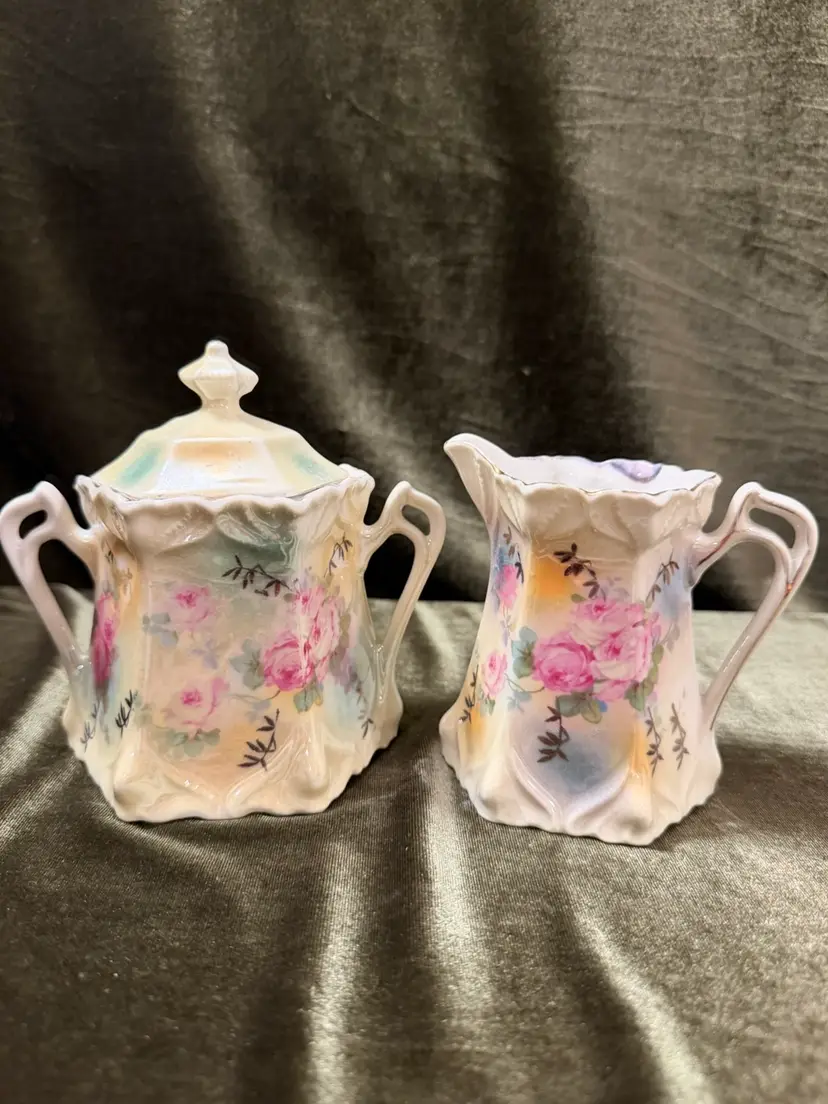 Victorian Era Hand-Painted German Porcelain Sugar and Creamer Set