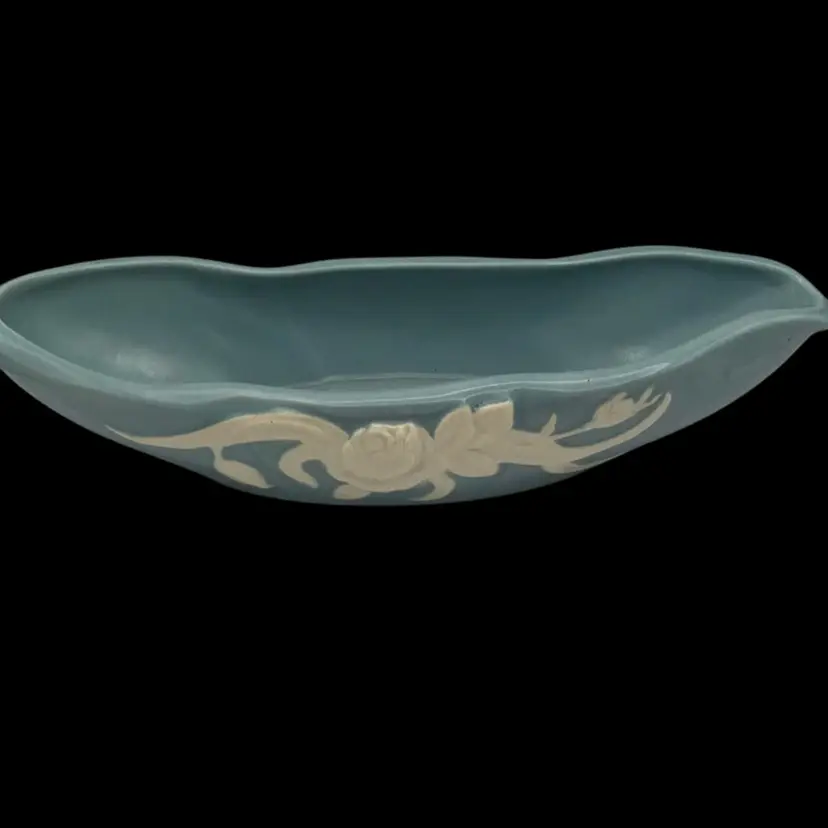 Weller Pottery Powder Blue Planter with White Roses 3"Hx14.25"Lx4.75"W