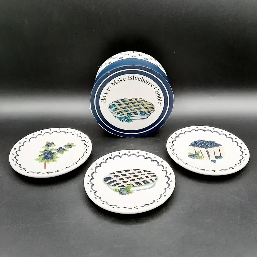 Blueberry Plates "How to Make Blueberry Cobbler" MWW Market Set of 3 Cottagecore