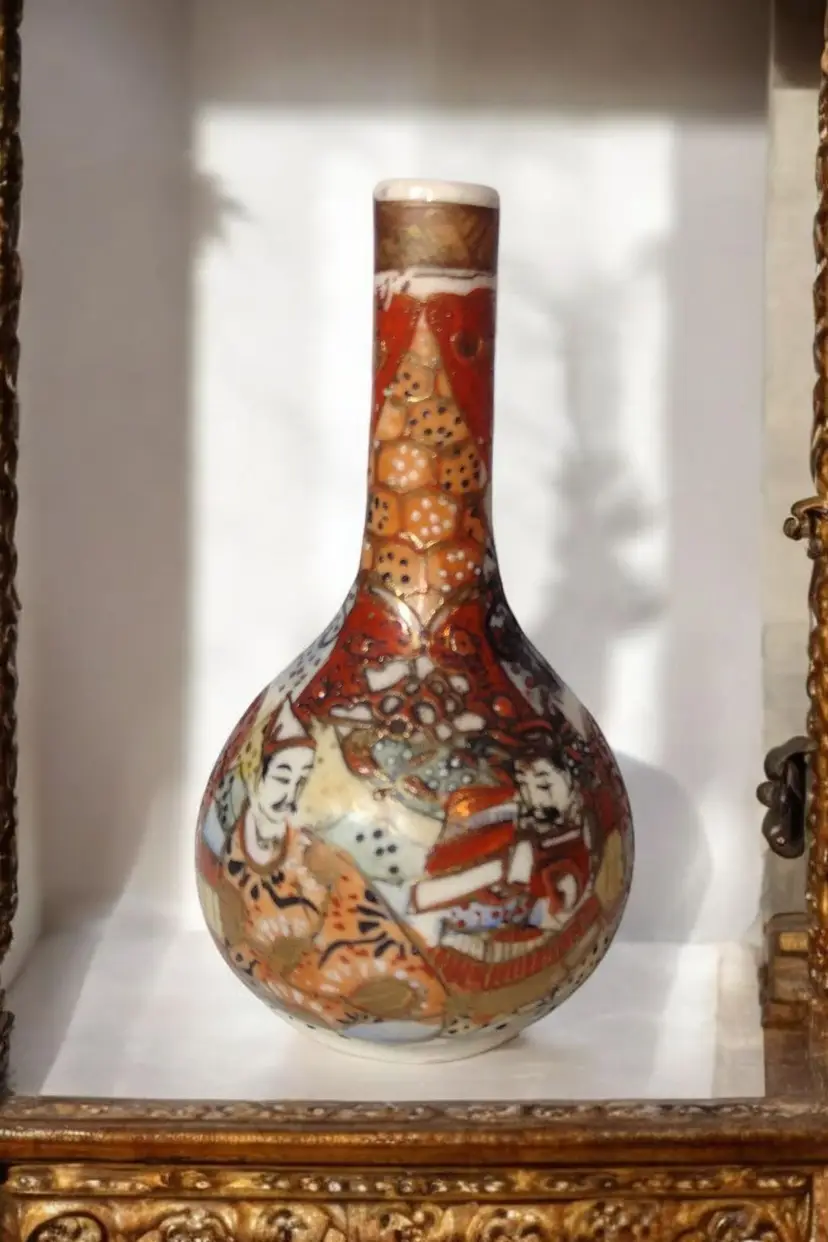 Antique Japanese Satsuma Bottleneck Miniature Vase Porcelain People 4.25in